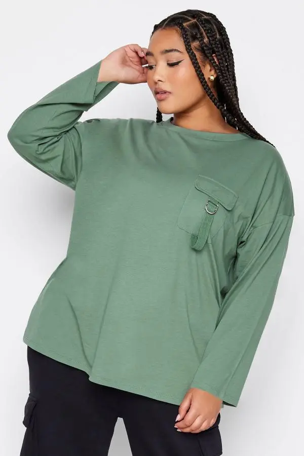 Yours Curve Green Utility Pocket Long Sleeve Tshirt, Women's Curve & Plus Size, Yours