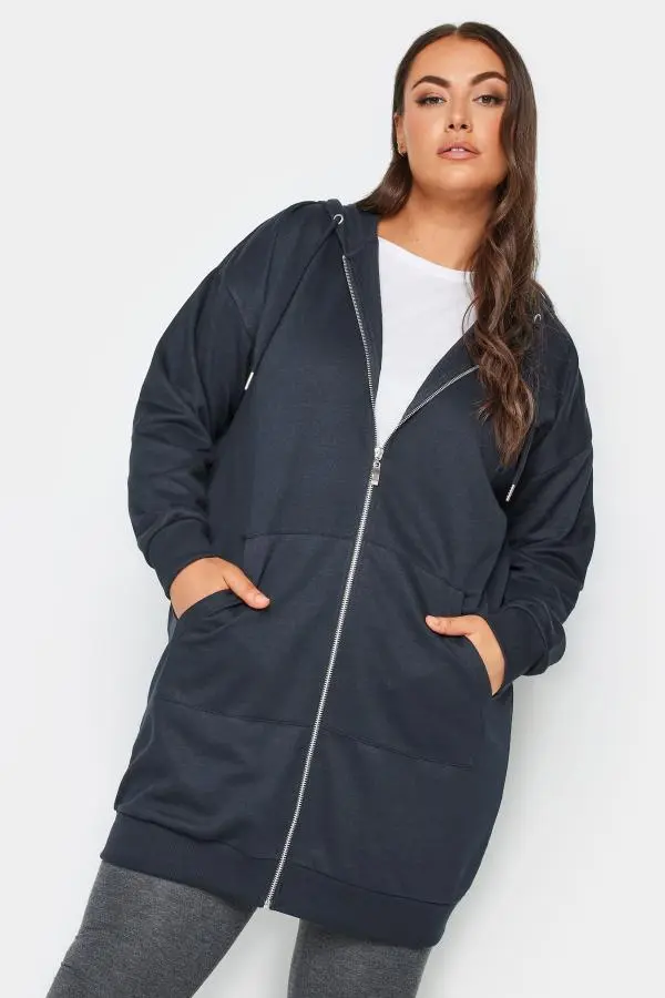 Yours Curve Navy Blue Longline Zip Hoodie, Women's Curve & Plus Size, Yours