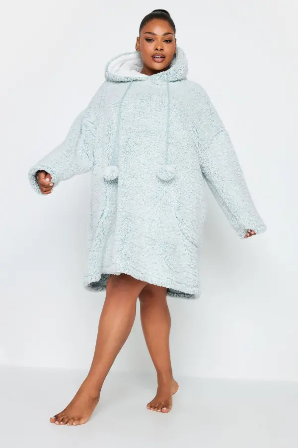 Yours Curve Light Blue Teddy Drawstring Snuggle Hoodie
