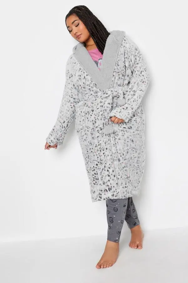 Yours Curve Light Grey Animal Print Hooded Dressing Gown