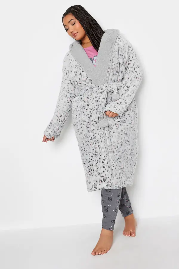 Yours Curve Light Grey Animal Print Hooded Dressing Gown