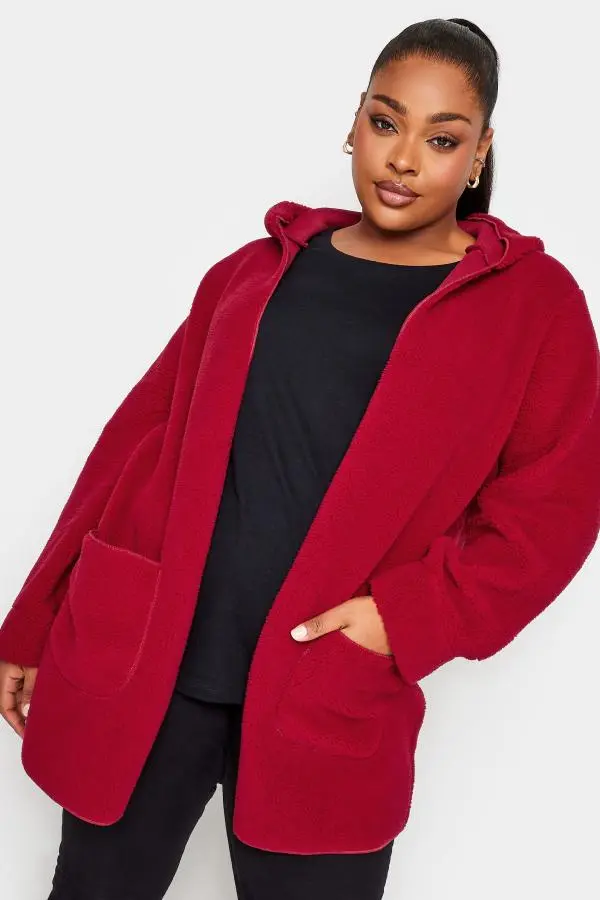 Yours Curve Burgundy Red Teddy Hooded Jacket, Women's Curve & Plus Size, Yours