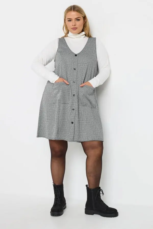 Yours Curve Grey Check Print Button Through Pinafore Dress, Women's Curve & Plus Size, Yours