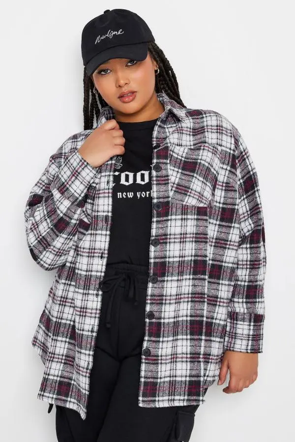 Limited Collection Curve White & Red Check Print Shacket, Women's Curve & Plus Size, Limited Collection