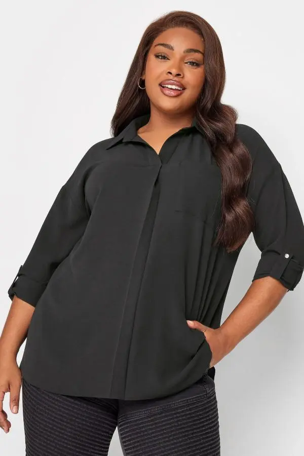 Yours Curve Black Half Placket Collared Blouse, Women's Curve & Plus Size, Yours