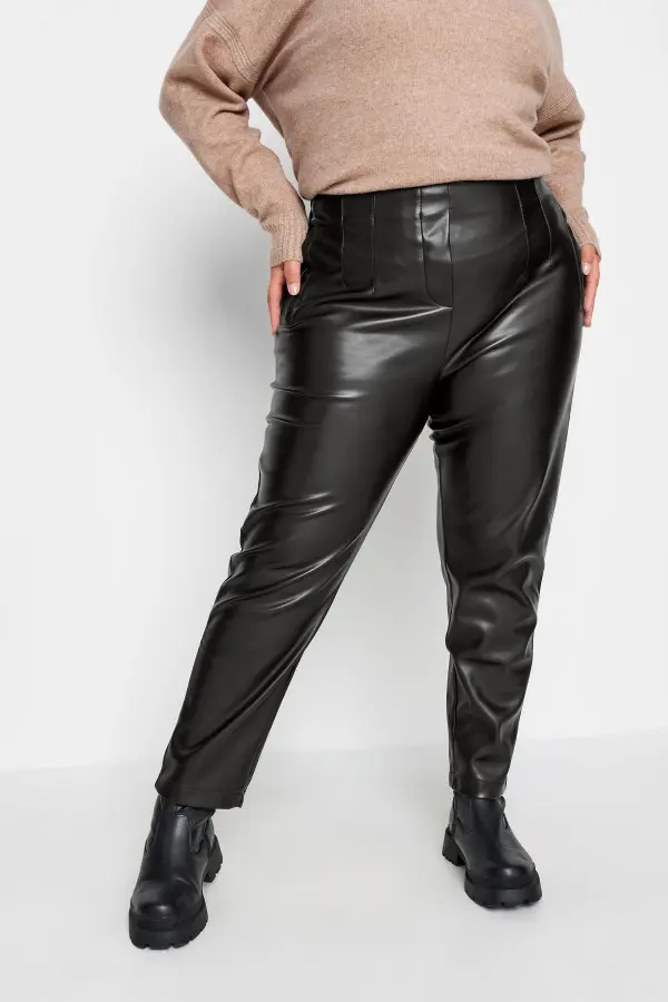 Yours Curve Black Coated Darted Waist Tapered Trousers, Women's Curve & Plus Size, Yours