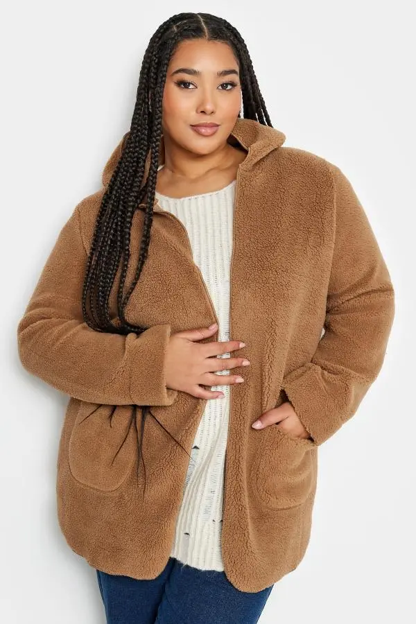 Yours Curve Brown Teddy Hooded Jacket, Women's Curve & Plus Size, Yours