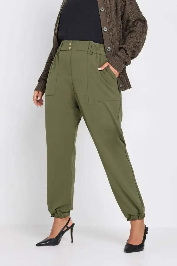 Yours Curve Khaki Green Scuba Cuffed Cargo Joggers, Women's Curve & Plus Size, Yours