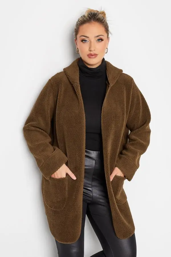 Yours Luxury Curve Brown Teddy Hooded Jacket, Women's Curve & Plus Size, Yours Luxury Capsule Collection