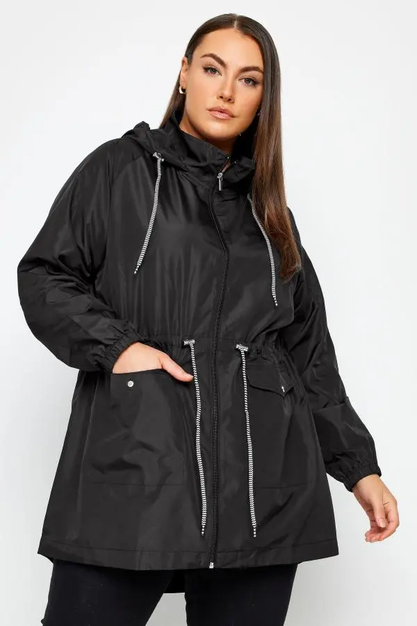 Yours Curve Black Drawstring Lightweight Parka Jacket, Women's Curve & Plus Size, Yours