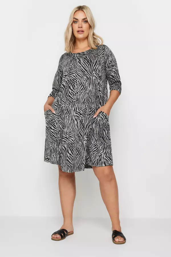 Yours Curve Grey Zebra Print Soft Touch Pocket Dress, Women's Curve & Plus Size, Yours