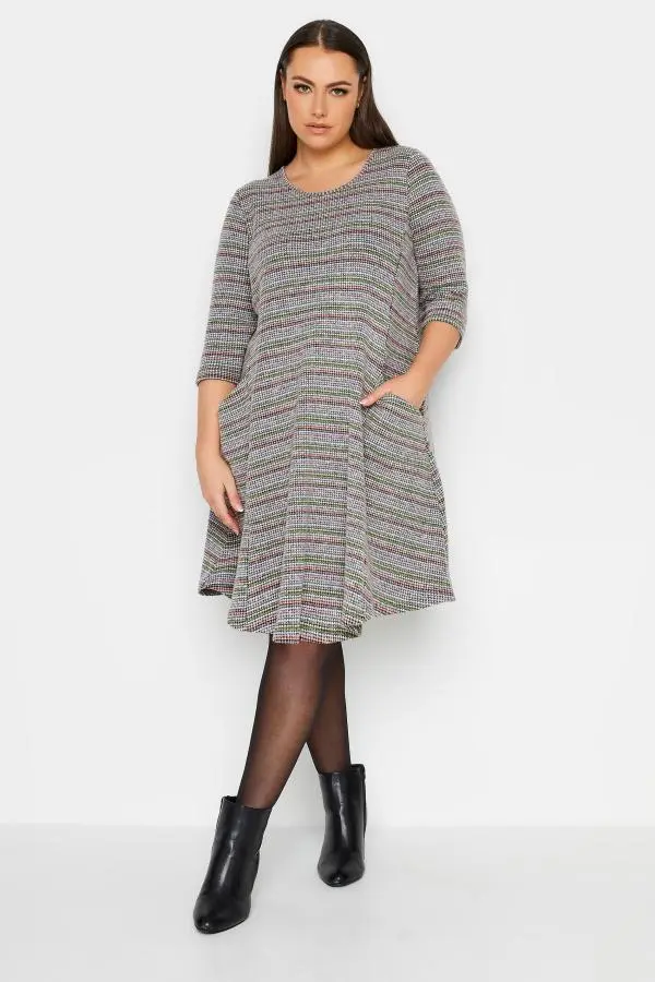 Yours Curve Grey Stripe Soft Touch Pocket Dress, Women's Curve & Plus Size, Yours