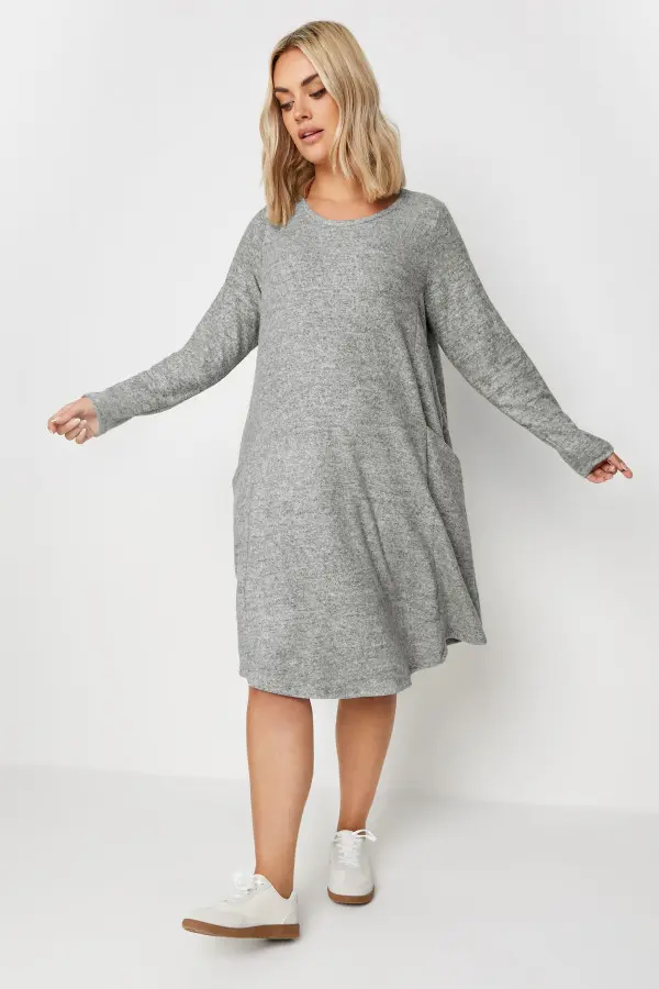 Yours Curve Grey Soft Touch Pocket Midi Dress, Women's Curve & Plus Size, Yours