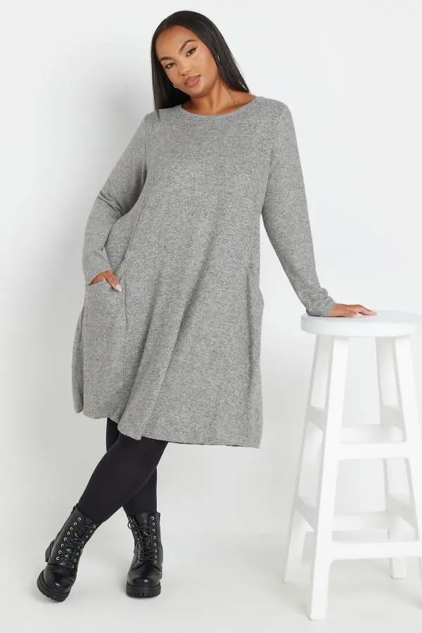 Yours Curve Grey Soft Touch Pocket Midi Dress, Women's Curve & Plus Size, Yours