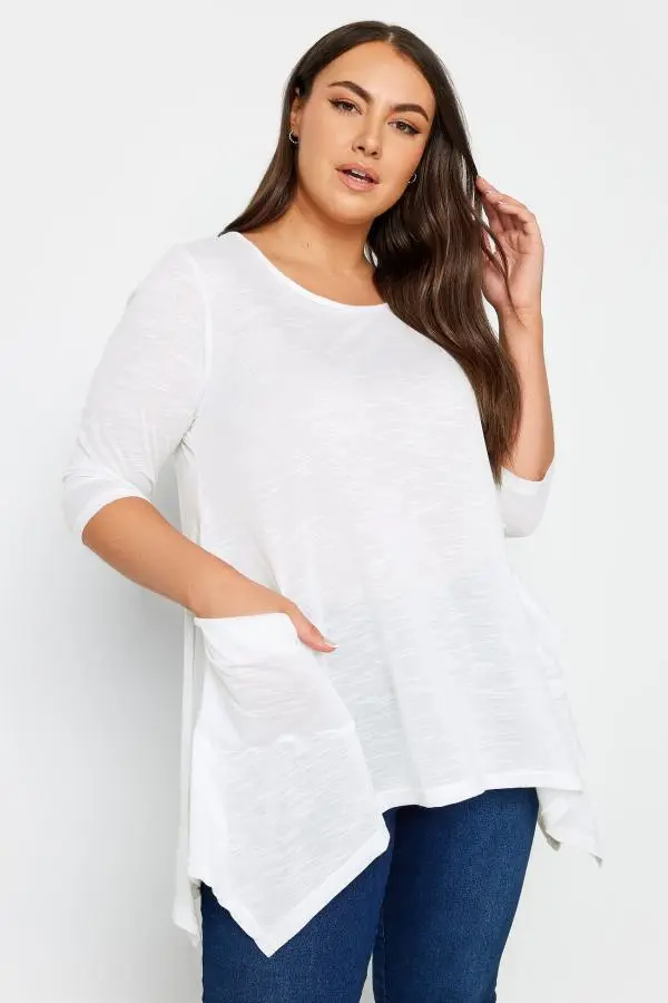 Yours Curve White Hanky Hem Pocket Top, Women's Curve & Plus Size, Yours