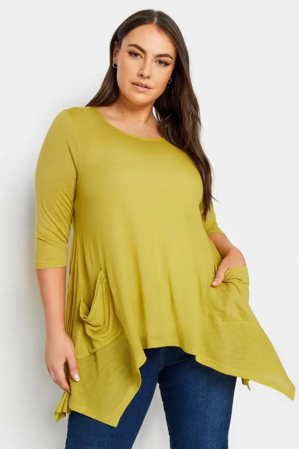 Yours Curve Yellow Hanky Hem Pocket Top, Women's Curve & Plus Size, Yours