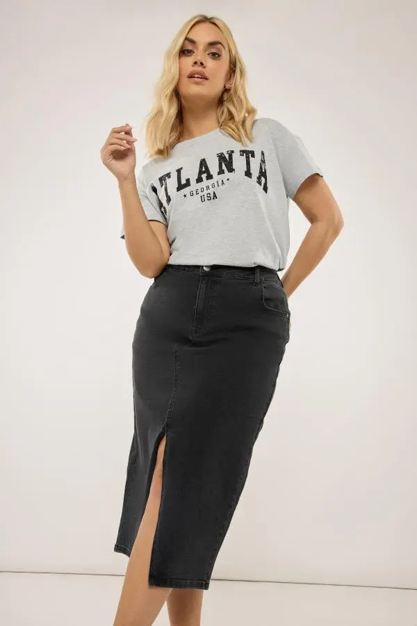 Yours Curve Black Midi Stretch Denim Skirt, Women's Curve & Plus Size, Yours