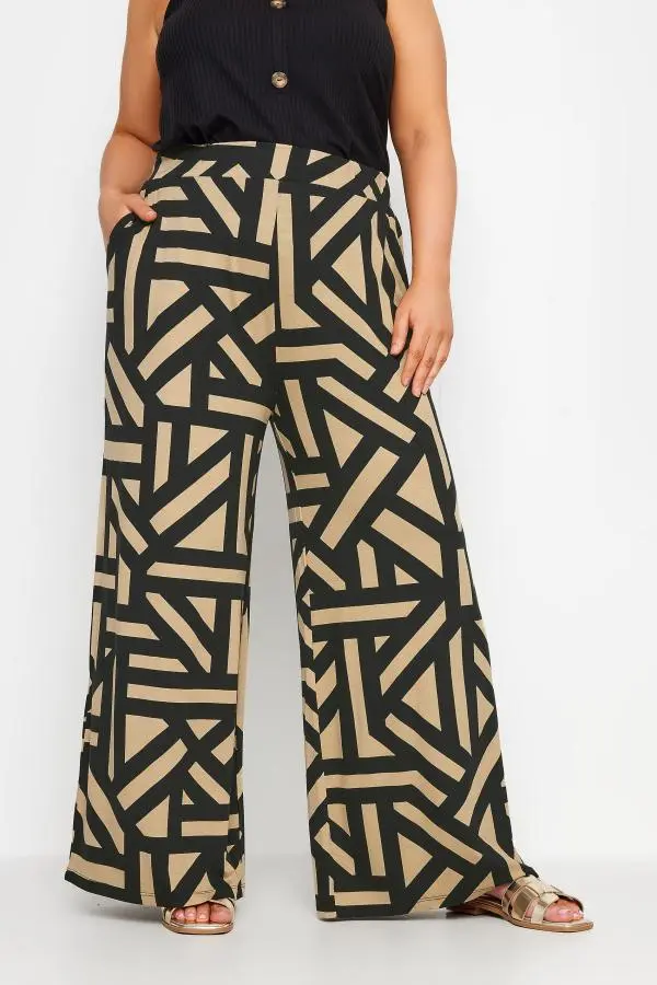 Yours Curve Beige Brown Geometric Print Wide Leg Trousers, Women's Curve & Plus Size, Yours