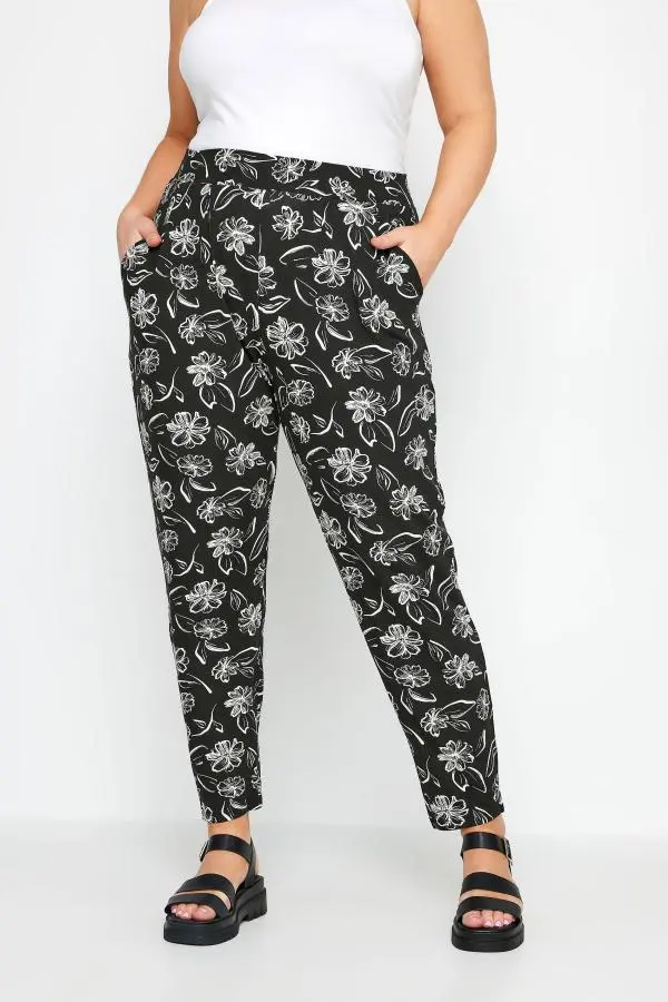 Yours Curve Black Floral Print Double Pleat Harem Trousers, Women's Curve & Plus Size, Yours