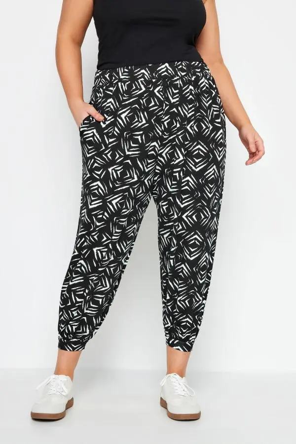 Yours Curve Black Ikat Print Cropped Harem Trousers, Women's Curve & Plus Size, Yours