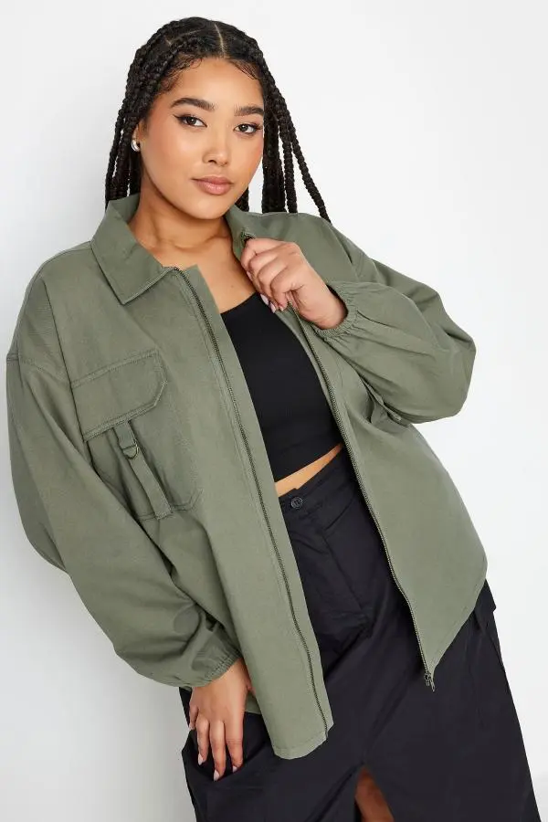 Yours Curve Khaki Green Utility Bomber Jacket, Women's Curve & Plus Size, Yours