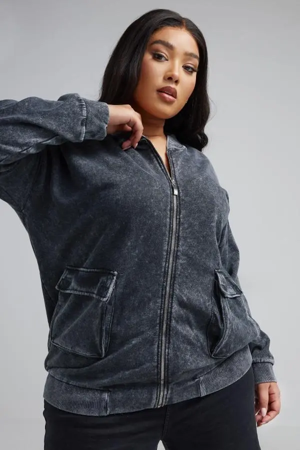 Limited Collection Curve Grey Acid Wash Bomber Jacket, Women's Curve & Plus Size, Limited Collection