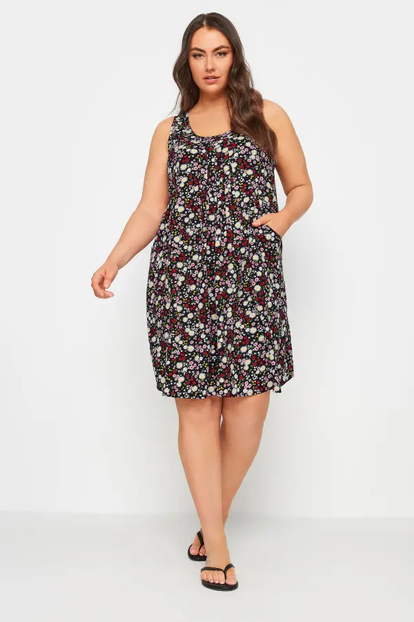 Yours Curve Black Ditsy Floral Pocket Dress, Women's Curve & Plus Size, Yours