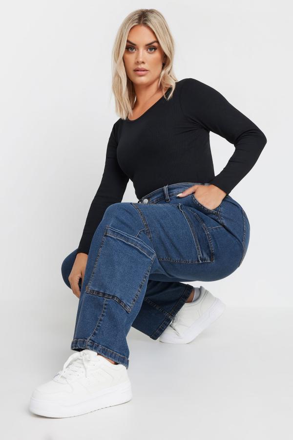 Limited Collection Curve Blue Mid Wash Wide Leg Cargo Jeans, Women's Curve & Plus Size, Limited Collection