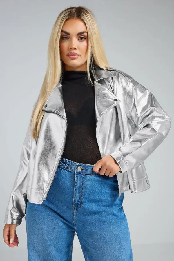 Limited Collection Curve Silver Metallic Biker Jacket, Women's Curve & Plus Size, Limited Collection