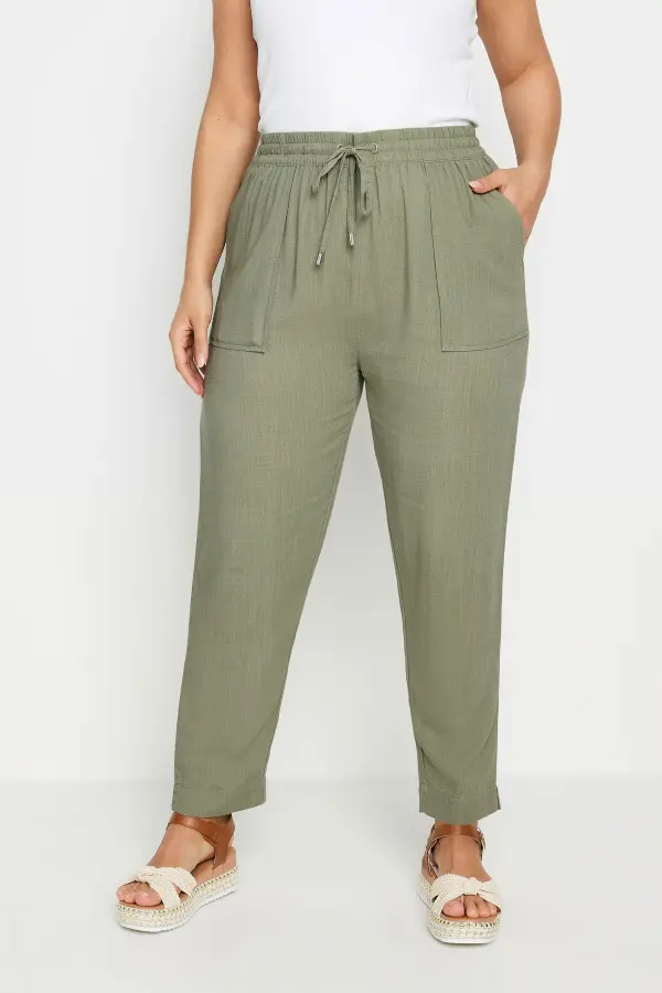 Yours Curve Khaki Green Linen Trousers, Women's Curve & Plus Size, Yours