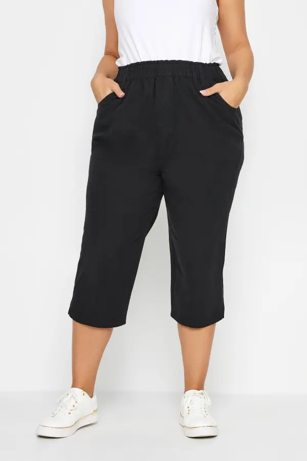 Yours Curve Black Elasticated Cool Cotton Cropped Trousers, Women's Curve & Plus Size, Yours