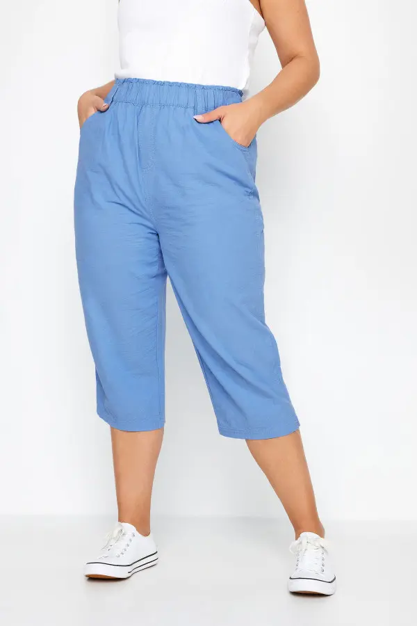 Yours Curve Blue Elasticated Cool Cotton Cropped Trousers, Women's Curve & Plus Size, Yours