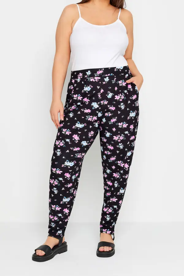 Yours Curve Blue & Pink Floral Print Double Pleat Harem Trousers, Women's Curve & Plus Size, Yours