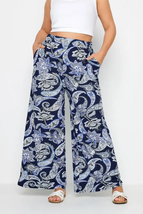 Yours Curve Blue Paisley Print Wide Leg Trouser, Women's Curve & Plus Size, Yours