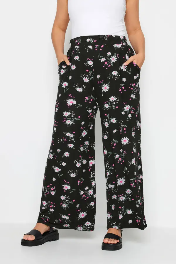 Yours Curve Black Daisy Print Wide Leg Trouser, Women's Curve & Plus Size, Yours