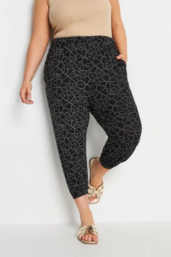 Yours Curve Black Geometric Print Cropped Harem Joggers, Women's Curve & Plus Size, Yours