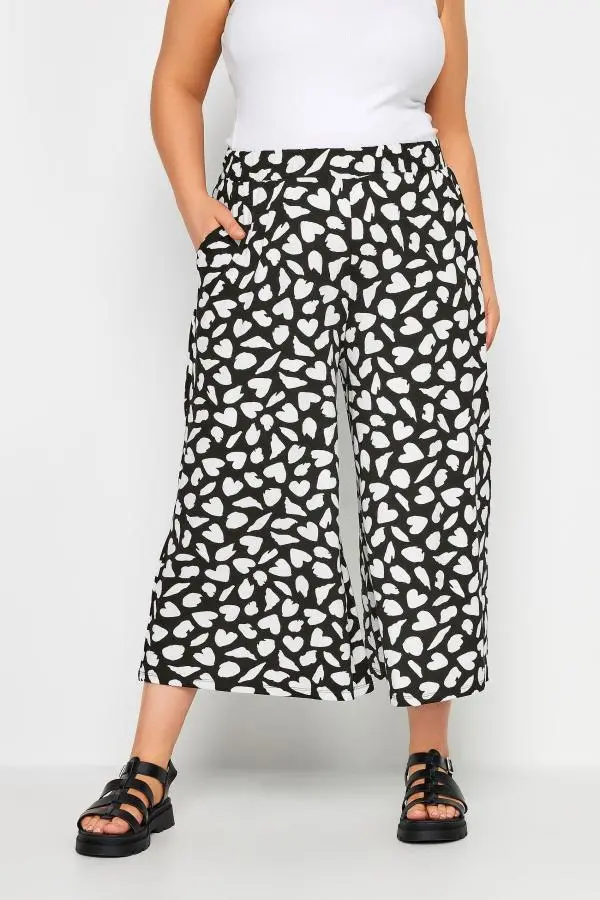 Yours Curve Black & White Heart Print Culottes, Women's Curve & Plus Size, Yours