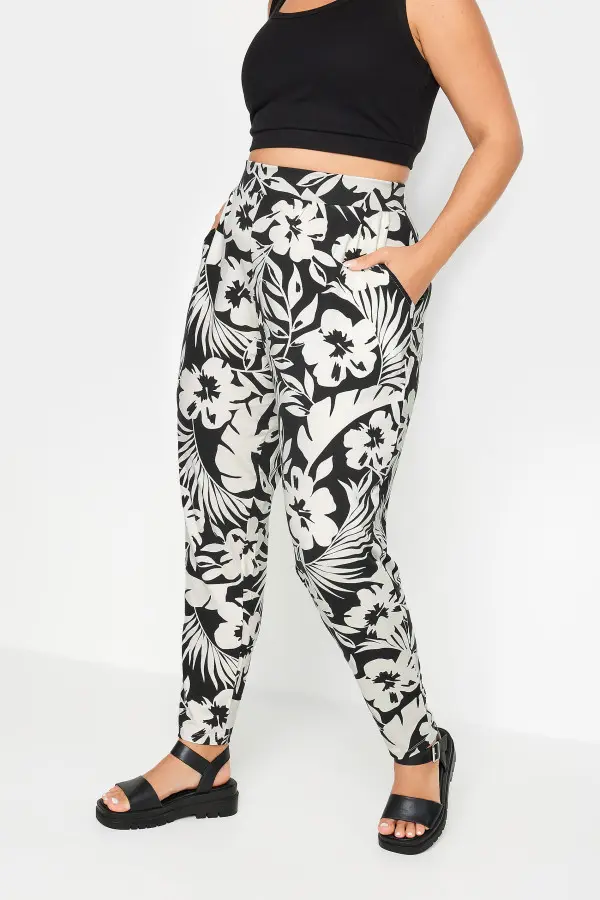 Yours Curve Black & White Tropical Print Harem Trousers, Women's Curve & Plus Size, Yours