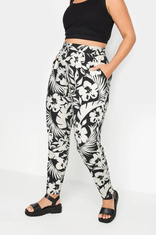 Yours Curve Black & White Tropical Print Harem Trousers, Women's Curve & Plus Size, Yours