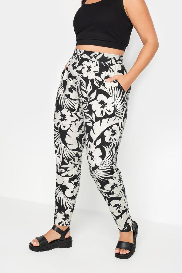 Yours Curve Black & White Tropical Print Harem Trousers, Women's Curve & Plus Size, Yours