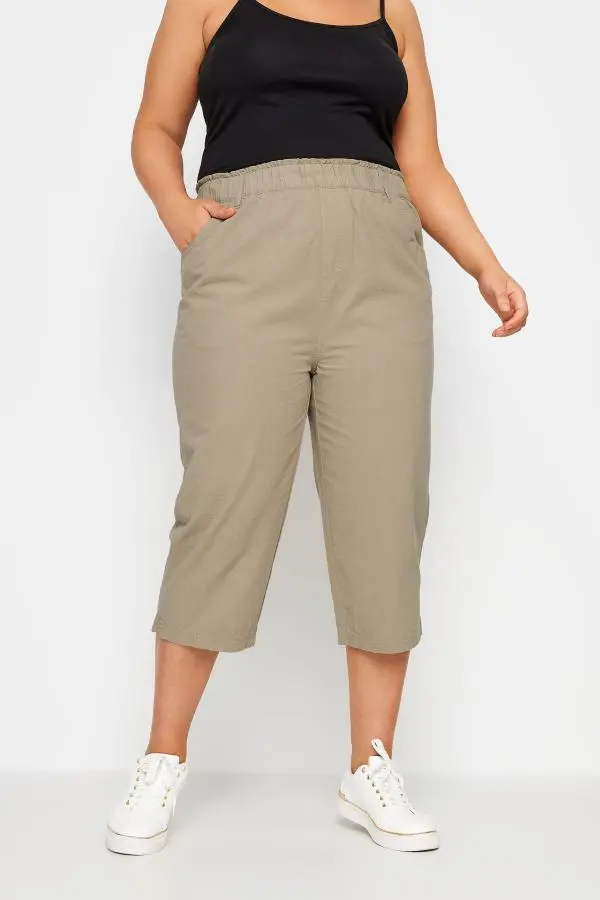 Yours Curve Beige Brown Cool Cotton Cropped Trousers, Women's Curve & Plus Size, Yours