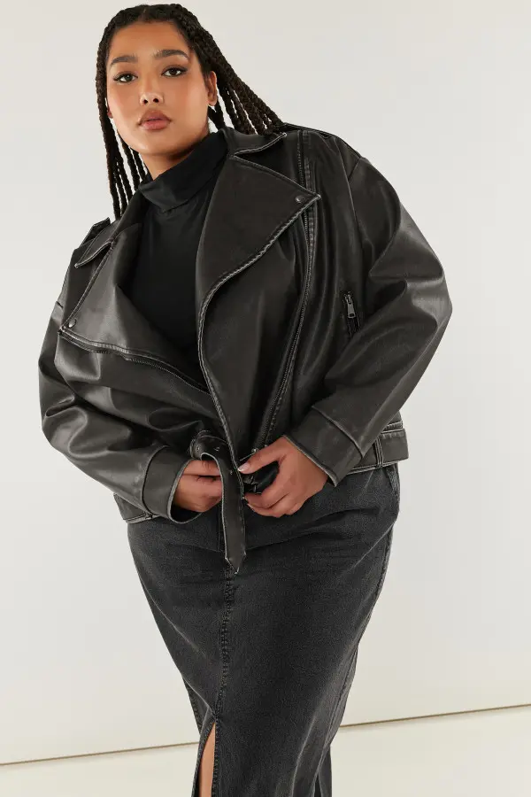 Yours Curve Black Washed Faux Leather Biker Jacket, Women's Curve & Plus Size, Yours