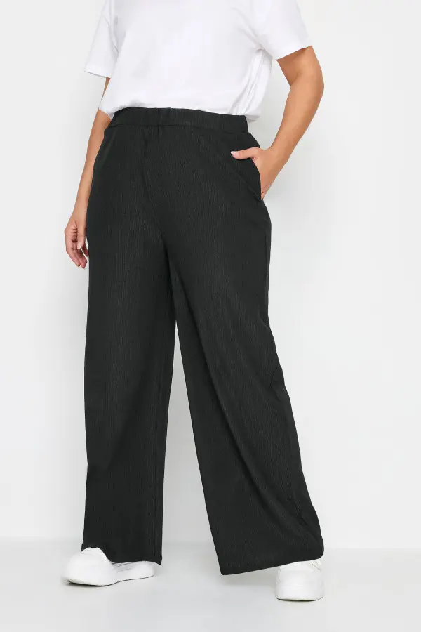 Yours Curve Black Textured Wide Leg Trousers, Women's Curve & Plus Size, Yours