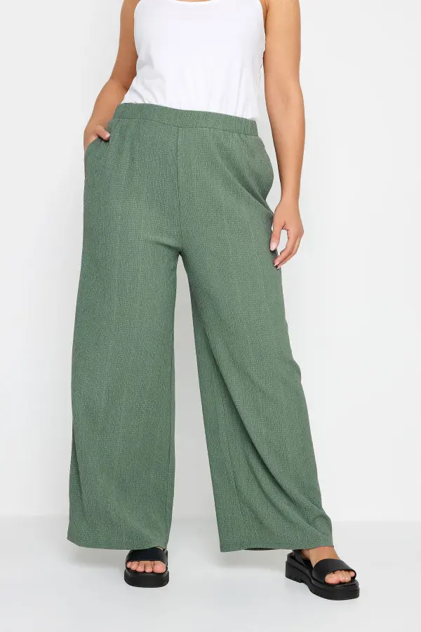 Yours Curve Khaki Green Textured Wide Leg Trousers, Women's Curve & Plus Size, Yours
