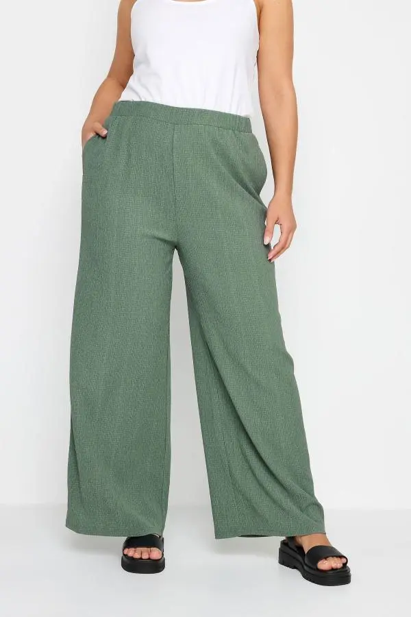 Yours Curve Khaki Green Textured Wide Leg Trousers, Women's Curve & Plus Size, Yours