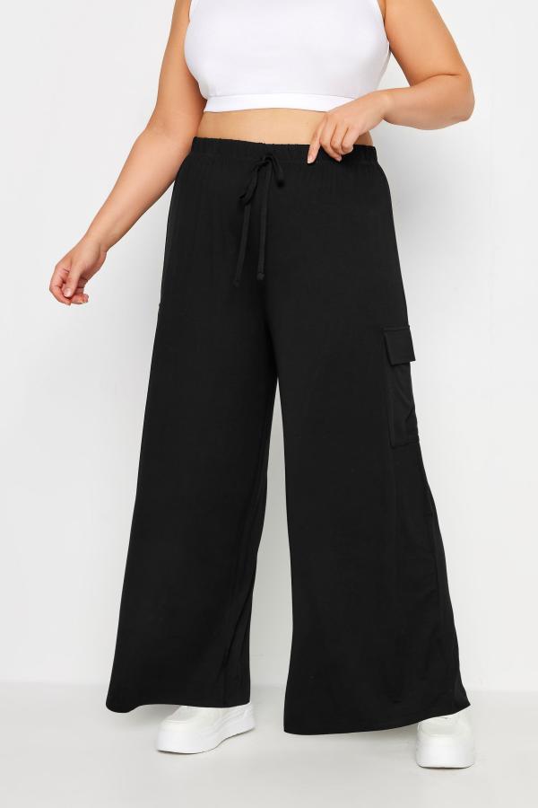 Yours Curve Black Jersey Wide Leg Cargo Trousers, Women's Curve & Plus Size, Yours