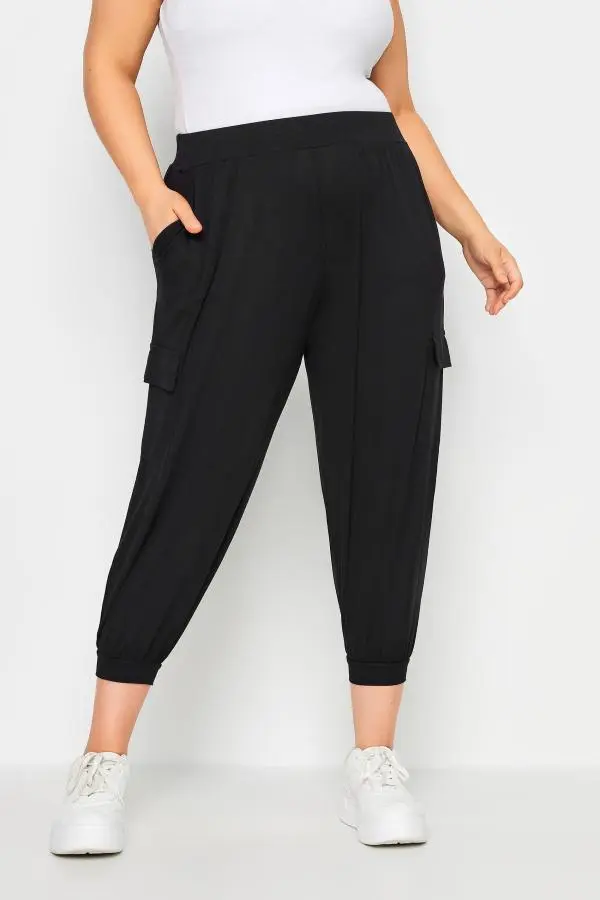 Yours Curve Black Cropped Cargo Harem Trousers, Women's Curve & Plus Size, Yours