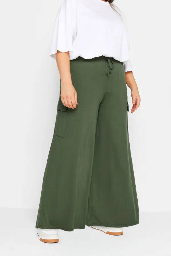 Yours Curve Khaki Green Jersey Wide Leg Cargo Trousers, Women's Curve & Plus Size, Yours