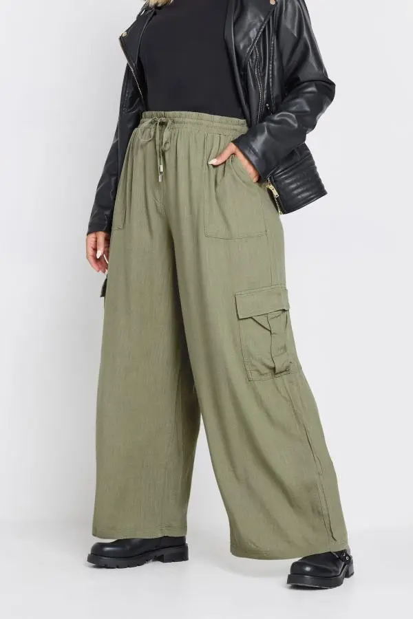 Yours Curve Khaki Green Linen Wide Leg Cargo Trousers, Women's Curve & Plus Size, Yours