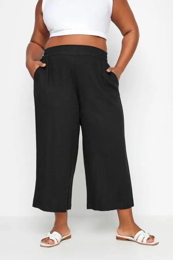 Yours Curve Black Wide Leg Cropped Linen Trousers, Women's Curve & Plus Size, Yours